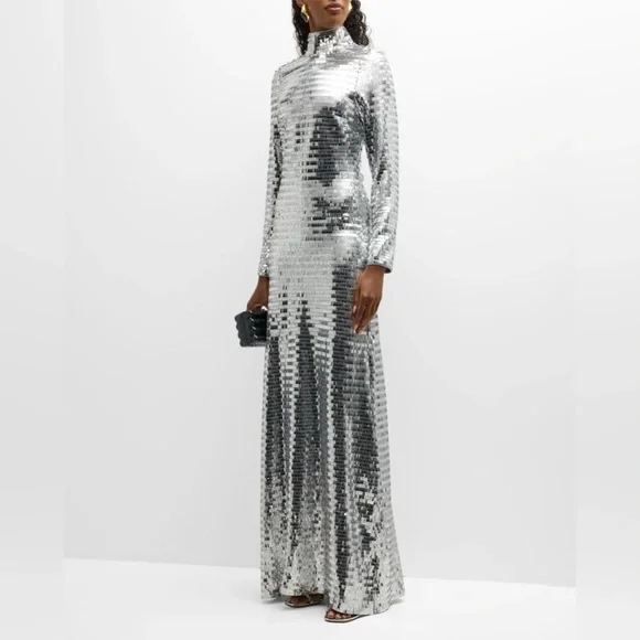 Simon Miller Silver Sequin Sculpty High Collar Maxi Dress Size 12 - Picture 1 of 11